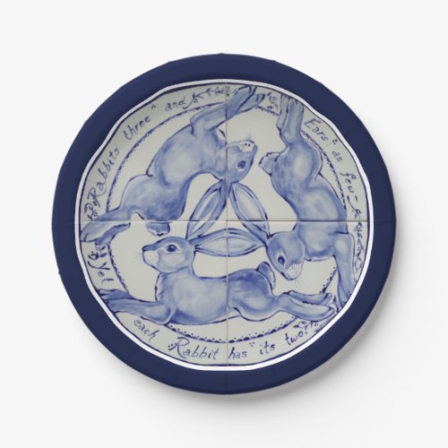 Three Hares Rabbits Blue White Tile Medallion Paper Plates