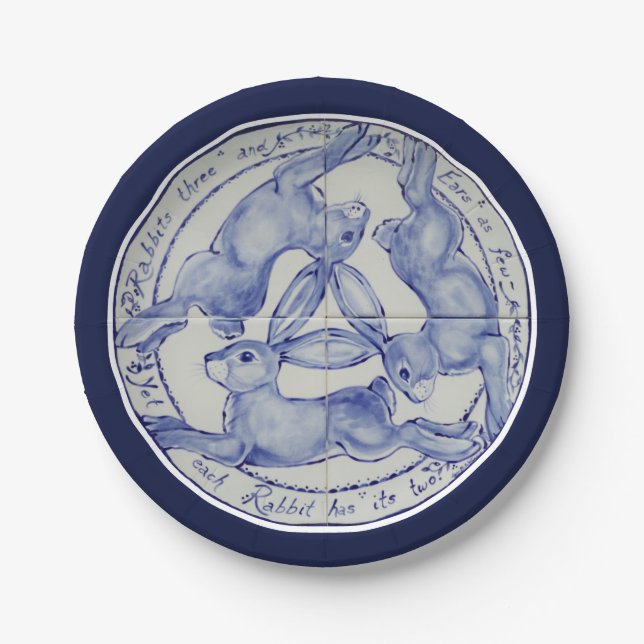 Three Hares Rabbits Blue White Tile Medallion Paper Plates (Front)