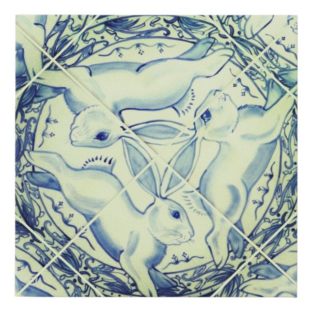 Three Hares Rabbits Blue & White Tile Mural Angled Faux Canvas Print (Front)
