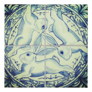 Three Hares Rabbits Blue & White Tile Mural Cute Faux Canvas Print