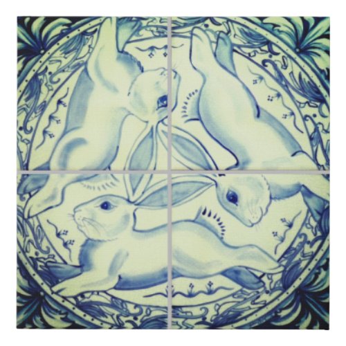 Three Hares Rabbits Blue  White Tile Mural Cute Faux Canvas Print