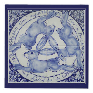 Three Hares Rabbits Blue & White Tile Mural Folk Faux Canvas Print