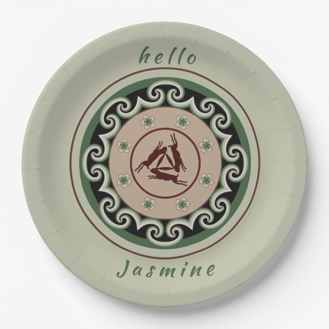 Three hares sharing three ears with interlocking  paper plates (Front)