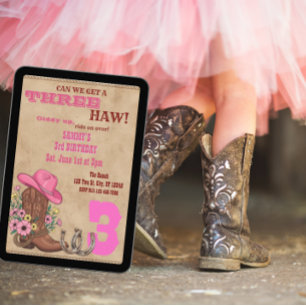 Three Haw Pink, Western 3rd Birthday Invitation