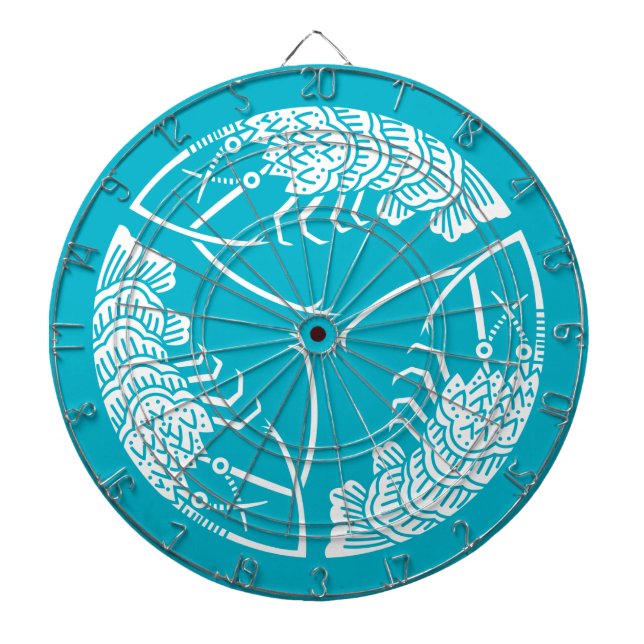 Three head-to tail spiny lobsters dartboard with darts (Front)