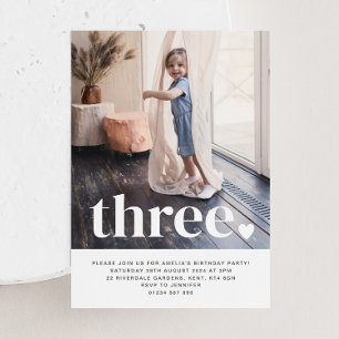 Three Heart Photo First Birthday Invitation