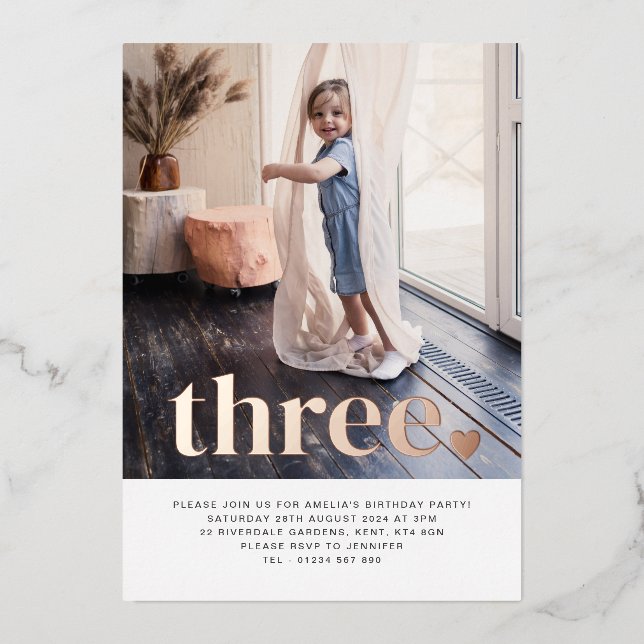 Three Heart Photo First Birthday Rose Gold Foil Invitation (Front)
