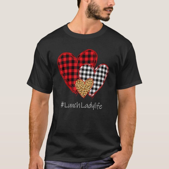 Three Hearts Buffalo Plaid Lunch Lady Valentine's  T-Shirt (Front)
