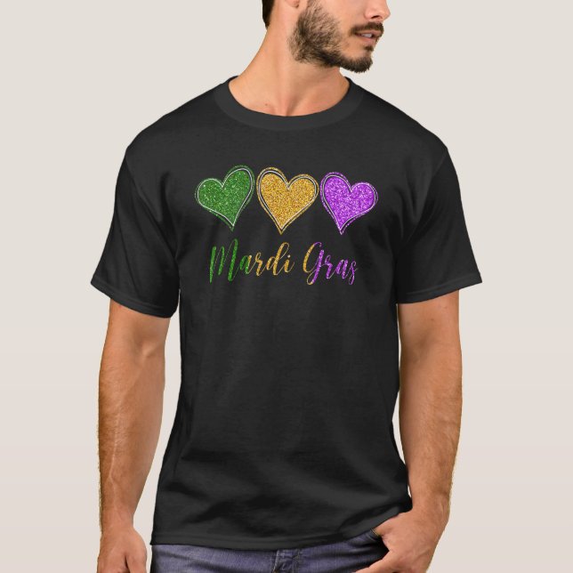 Three Hearts for Mardi Gras - Cute I Love Mardi Gr T-Shirt (Front)