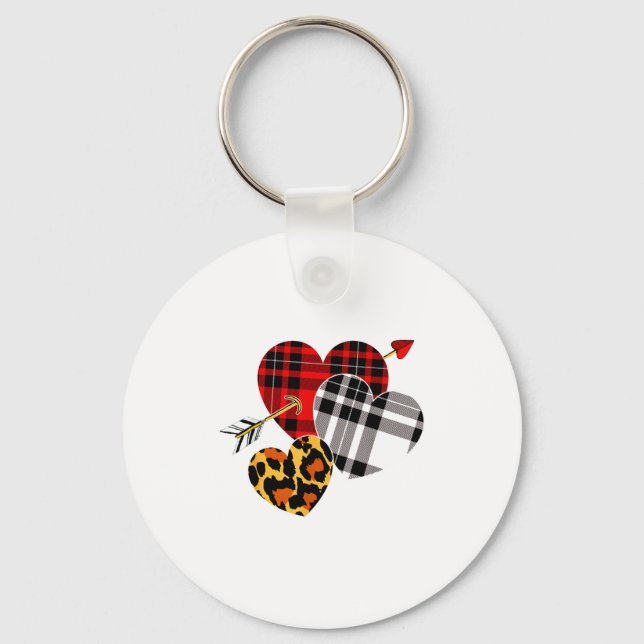 Three Hearts Leopard Buffalo Plaid Valentines Day  Keychain (Front)