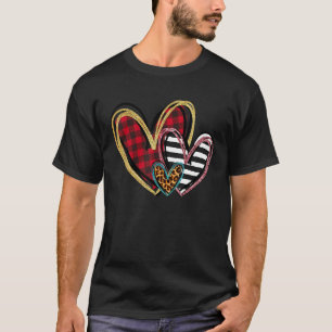 Three Hearts Leopard Buffalo Plaid Valentine's day T-Shirt