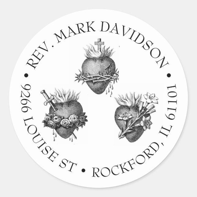 Three Hearts of Jesus, Mary, and Joseph Address Classic Round Sticker (Front)