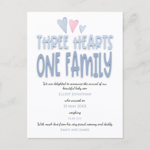 Three Hearts One Family Blue Baby Boy Birth Announcement Postcard