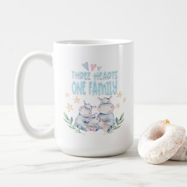 Three Hearts One Family Cute Hippos Blue Coffee Mug (With Donut)