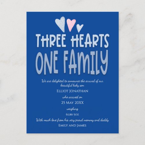 Three Hearts One Family Dark Blue Baby Boy Birth Announcement Postcard