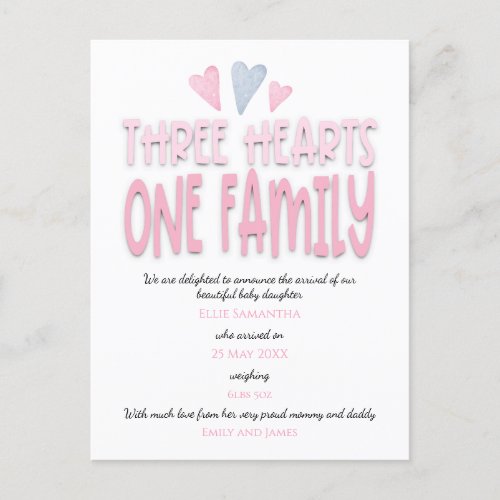 Three Hearts One Family Pink Baby Girl Birth Announcement Postcard