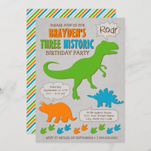 Three Historic Dinosaur Third Birthday Invitation