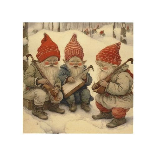 Three Holiday Elves Carolling in the Snow Wood Wall Art