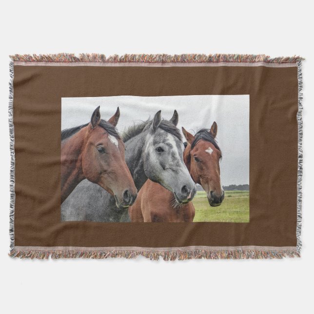 Three Horse Head Throw Blanket Equestrian Horse (Front)