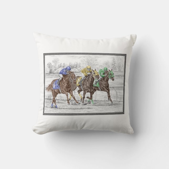 Three Horse Race - Neck and Neck Throw Pillow (Front)