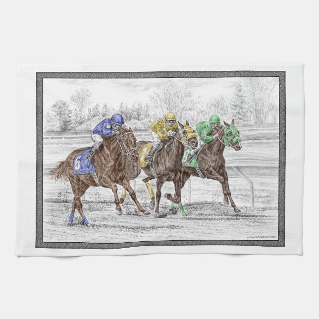 Three Horse Race - Neck and Neck Towel (Horizontal)