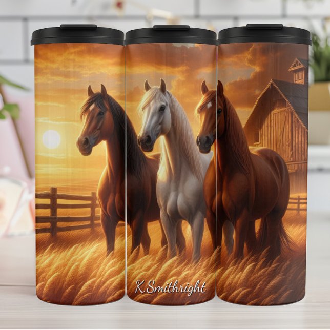 Three Horses Barn Sunset Field Thermal Tumbler (Creator Uploaded)
