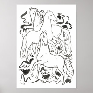 Three Horses (ca. 1925–1930) Drawing by Leo Gest Poster
