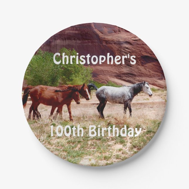 Three Horses, Equestrian, 100th Birthday Party Paper Plates (Front)
