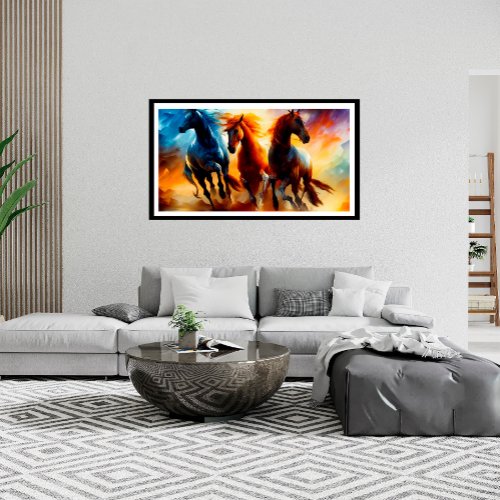 Three horses galloping modern abstract art poster