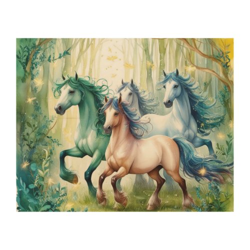 Three Horses In The Forest Art Print Wood Wall Art