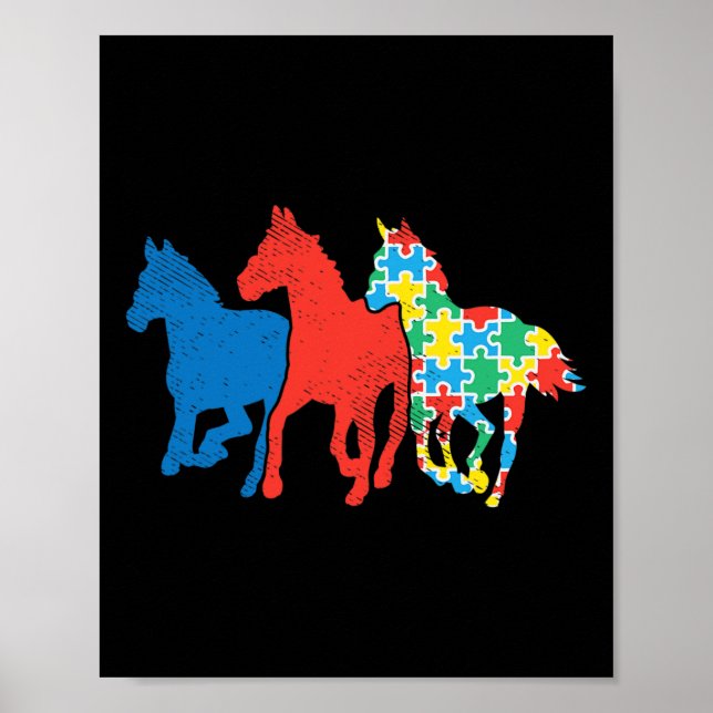 Three Horses Puzzle Red Blue Autism Awareness ASL  Poster (Front)