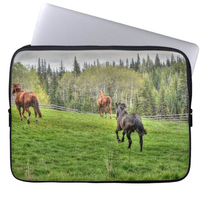 Three Horses Running on Fresh Grass in a Paddock Laptop Sleeve (Front)