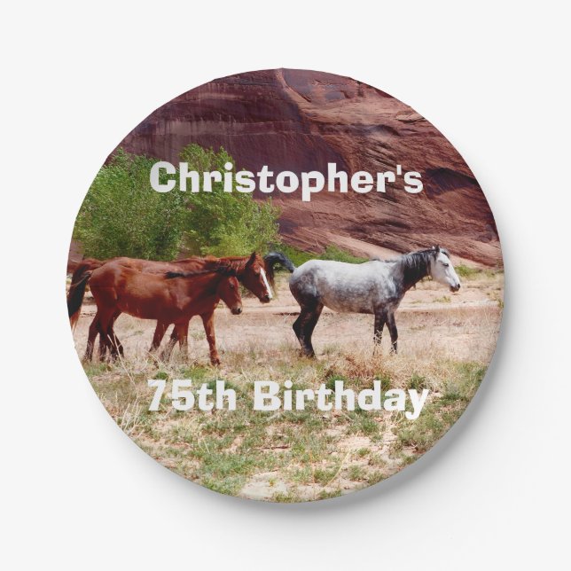 Three Horses, Southwest, 75th Birthday Party Paper Plates (Front)