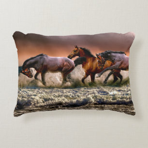 Three Horses Trotting in the Ocean Decorative Pillow