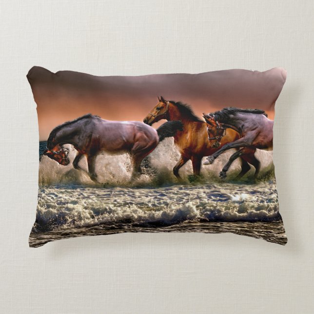 Three Horses Trotting in the Ocean Decorative Pillow (Front)