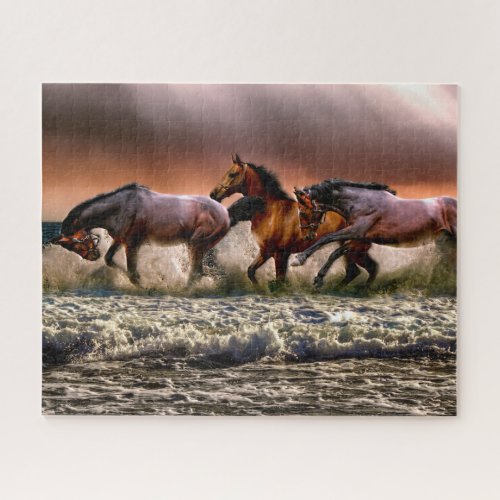 Three Horses Trotting in the Ocean Jigsaw Puzzle