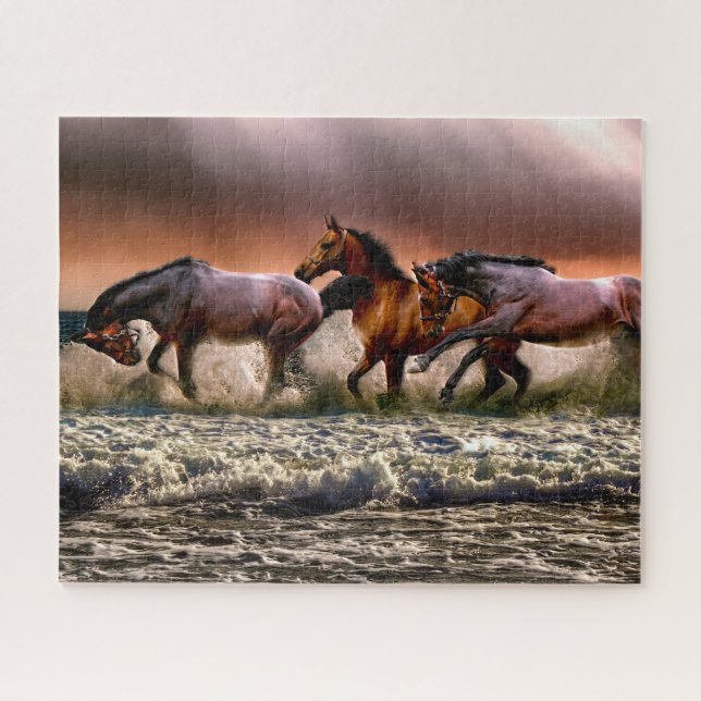 Three Horses Trotting in the Ocean Jigsaw Puzzle (Horizontal)