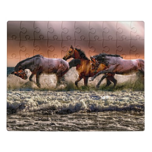 Three Horses Trotting in the Ocean Jigsaw Puzzle