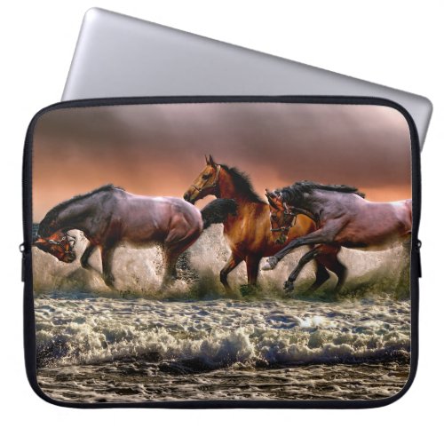 Three Horses Trotting in the Ocean Laptop Sleeve