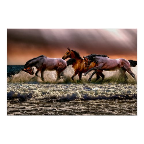 Three Horses Trotting in the Ocean Poster