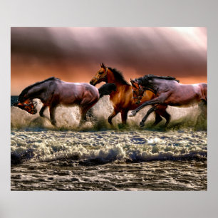 Three Horses Trotting in the Ocean Poster