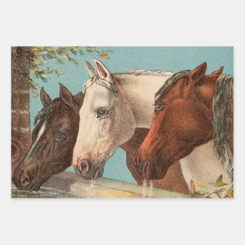 Three horses vintage illustration wrapping paper sheets