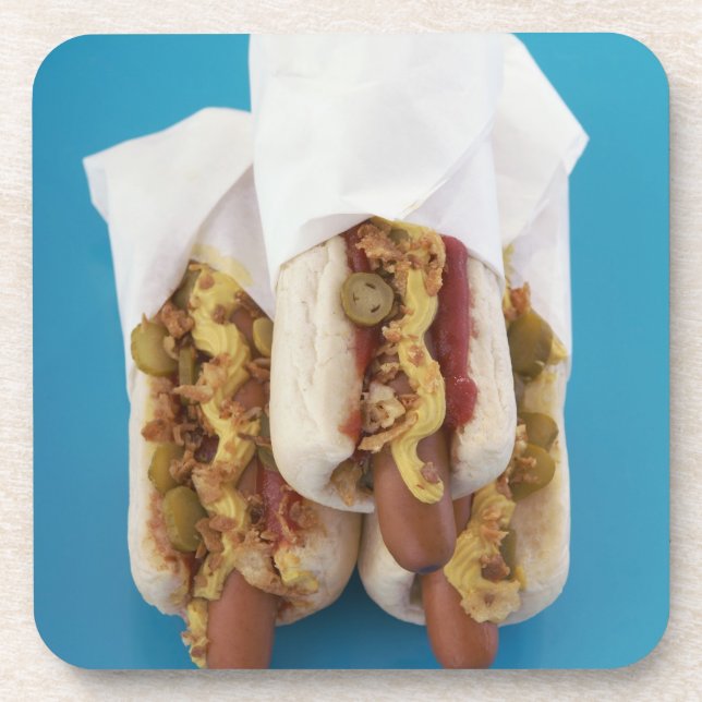 Three hot dogs in buns drink coaster (Front)