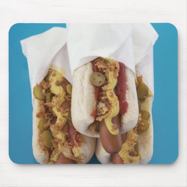 Three hot dogs in buns mouse pad (Front)