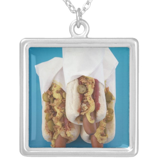 Three hot dogs in buns silver plated necklace (Front)