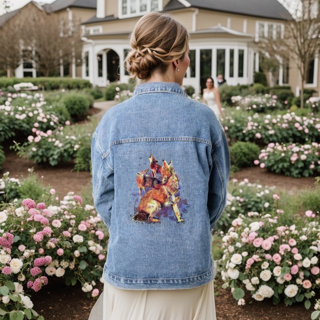 Three Howling Coyote Wildlife Animal Nature Art Denim Jacket (Wedding Back)