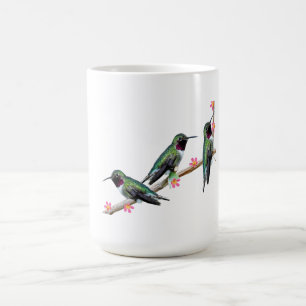 Three Hummingbirds perched on a branch of a Floss Color Morph Mug