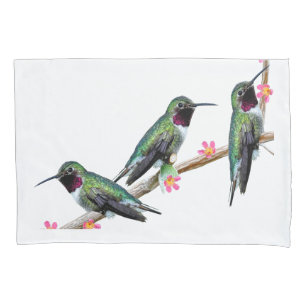 Three Hummingbirds perched on a branch of a Floss Pillow Case