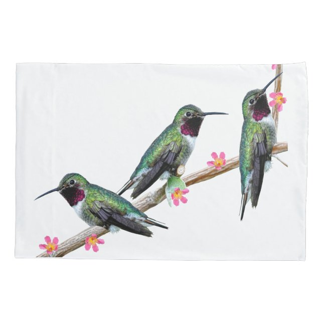 Three Hummingbirds perched on a branch of a Floss  Pillow Case (Back)