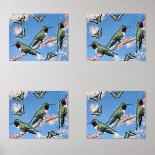 Three Hummingbirds perching on a branch Poster Wall Art Sets